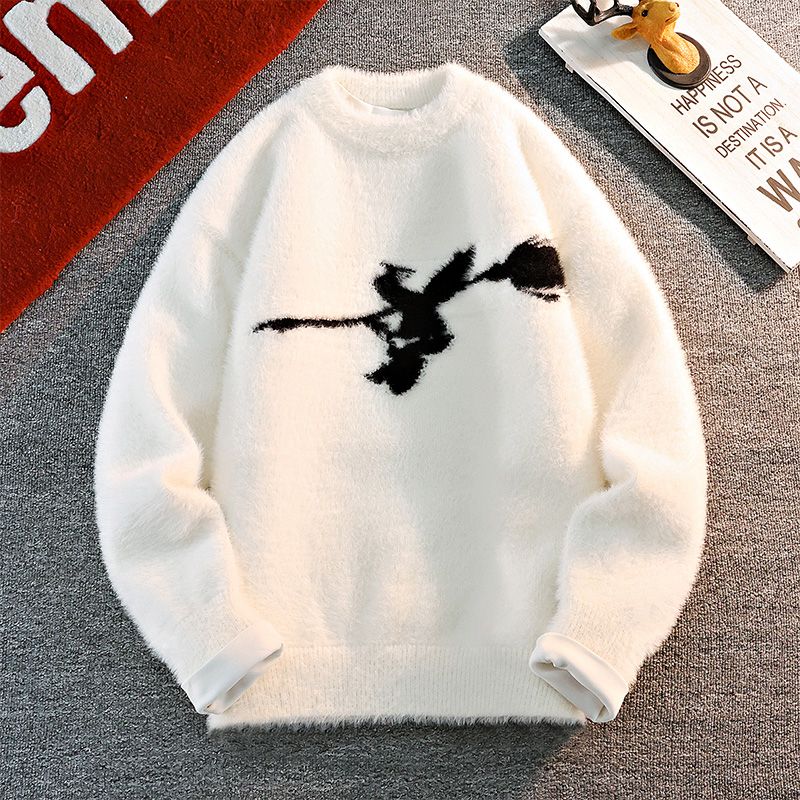 男士圆领仿貂绒毛衣暗黑系玫瑰花宽松休闲针织衫潮流休闲打底衫