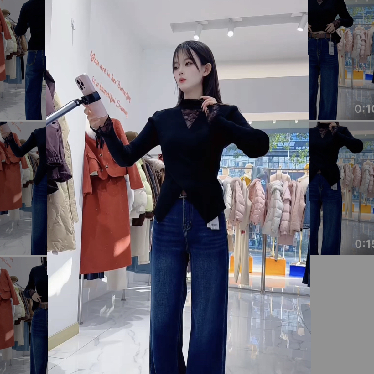 湖南她之蝶冬1254125 蕾丝拼接半高领针织衫交叉修身显瘦内搭