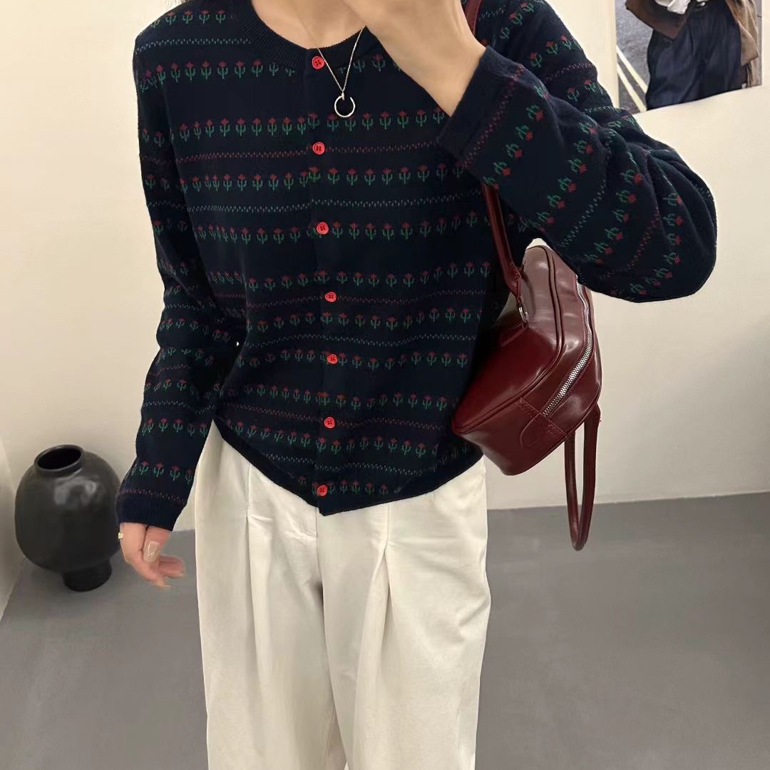 针织女毛针织衫早秋法式开衫条纹潮流圆领上衣