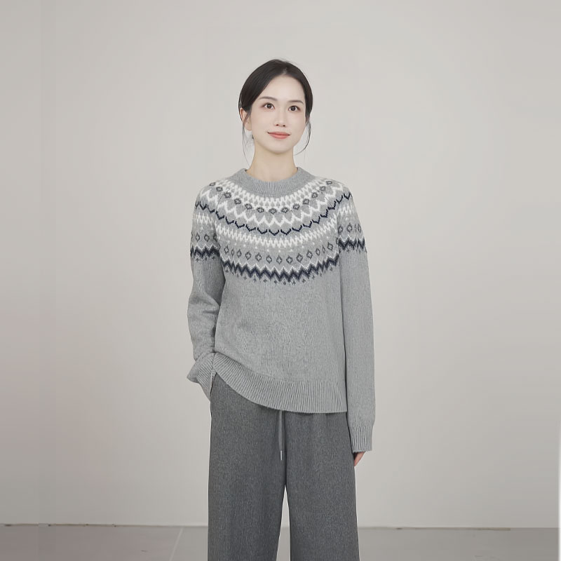 小禾【花语】山羊绒轻奢复古提花圆领软糯不扎加厚针织套头打底毛衣