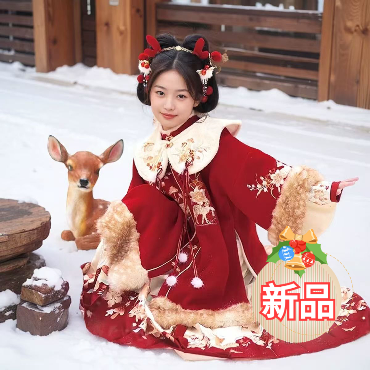 加绒加厚宝宝过年喜庆日常套装新款女童汉服拜年儿童中国冬季唐装