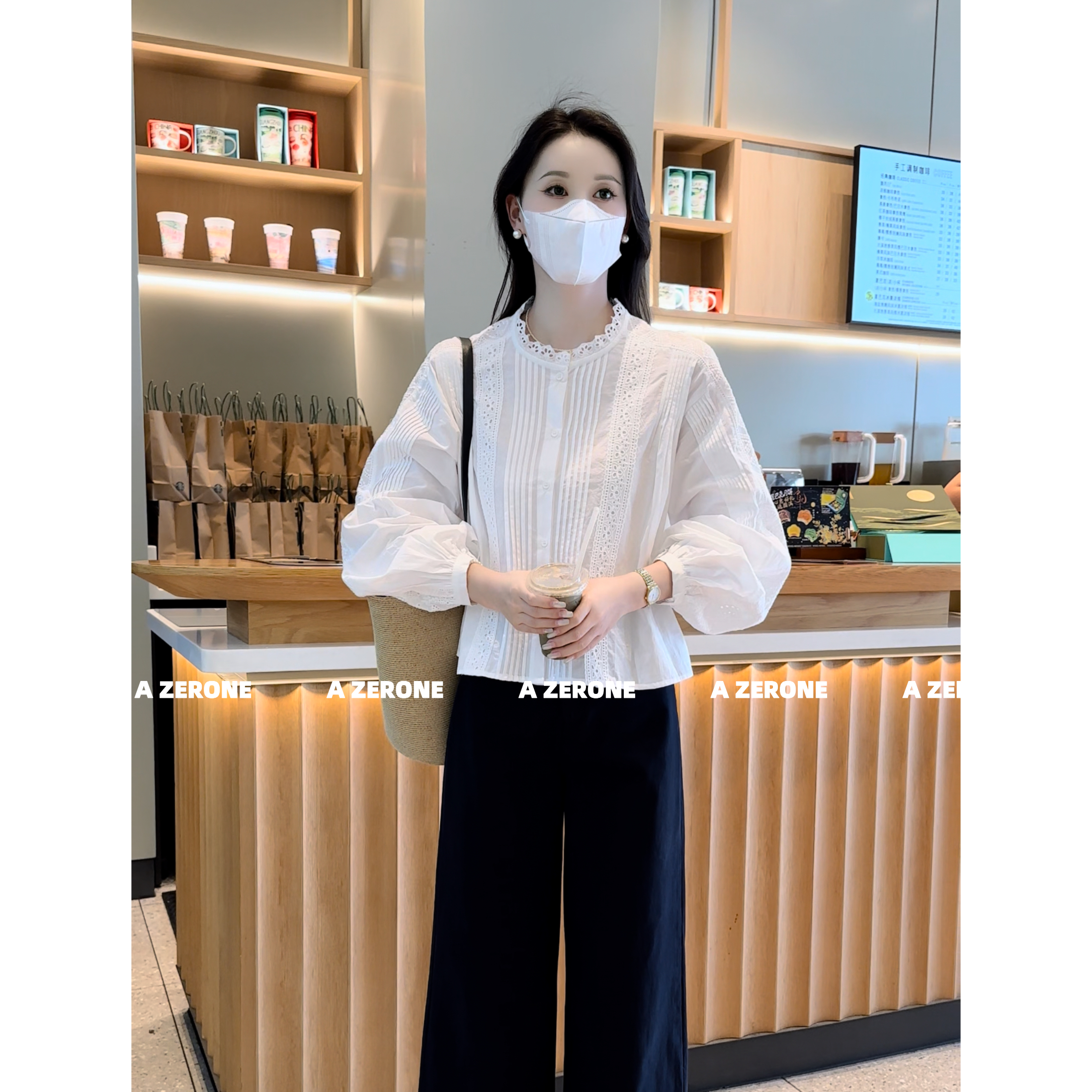 BK 法式重工风琴褶刺绣镂空甜美花边领系扣衬衫女气质上衣