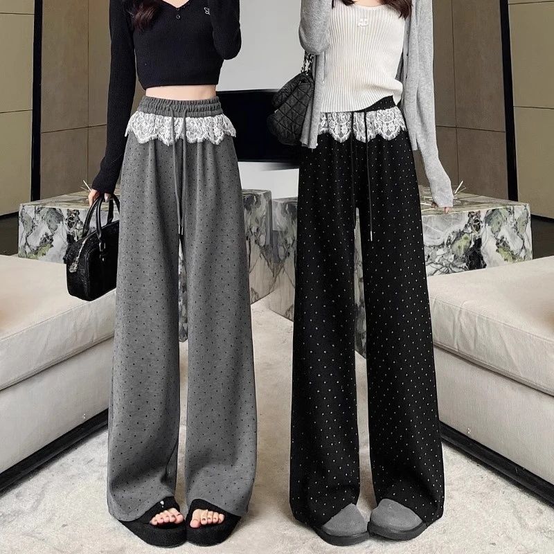 【现货+运费险】蕾丝拼接波点2025新款阔腿裤女秋季宽松直筒拖地裤