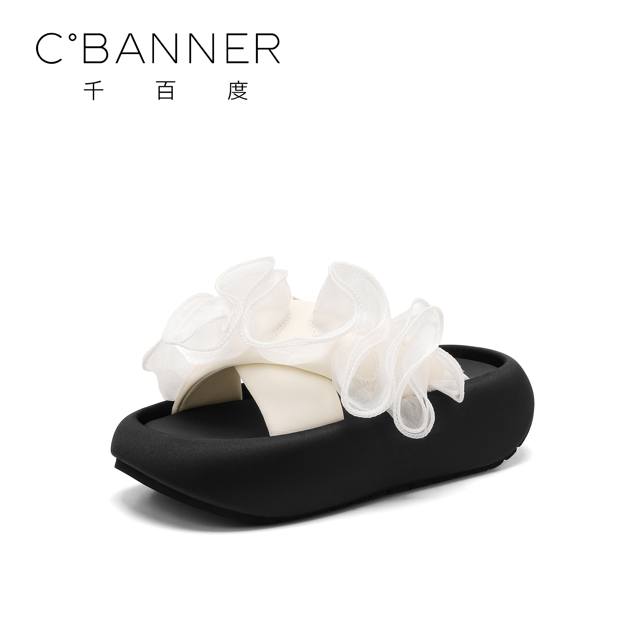 C.BANNER/千百度松糕厚底凉拖2025新款蕾丝花边外穿时尚一字拖鞋