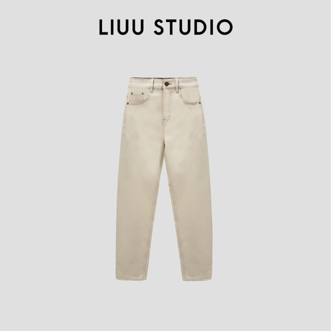【LIUU】轻松穿出慵懒风 | 保暖冬日 米白色拼格子内绒休闲牛仔裤