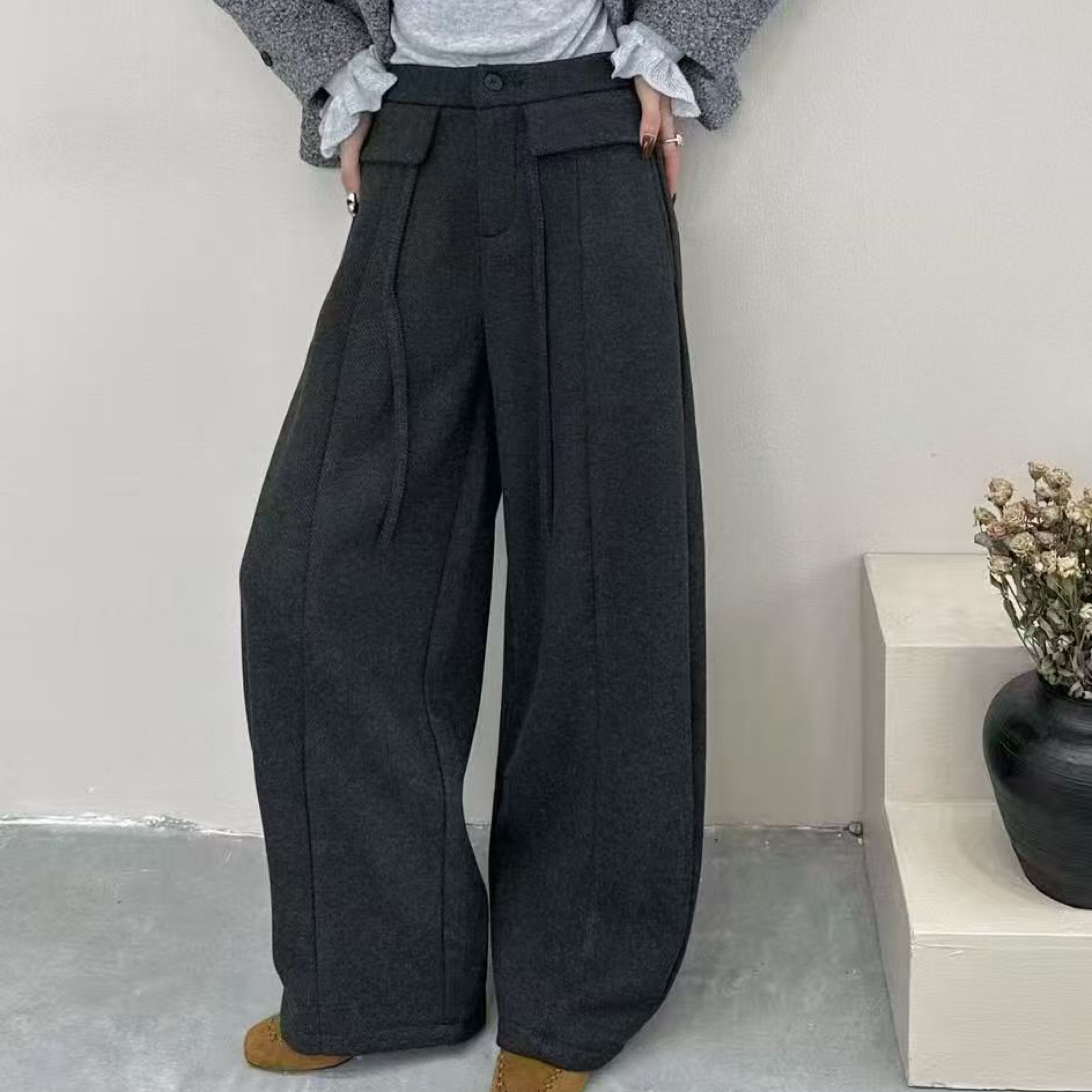 1751冬新款加绒加厚高腰毛呢弯刀裤显瘦垂感百搭休闲阔腿裤