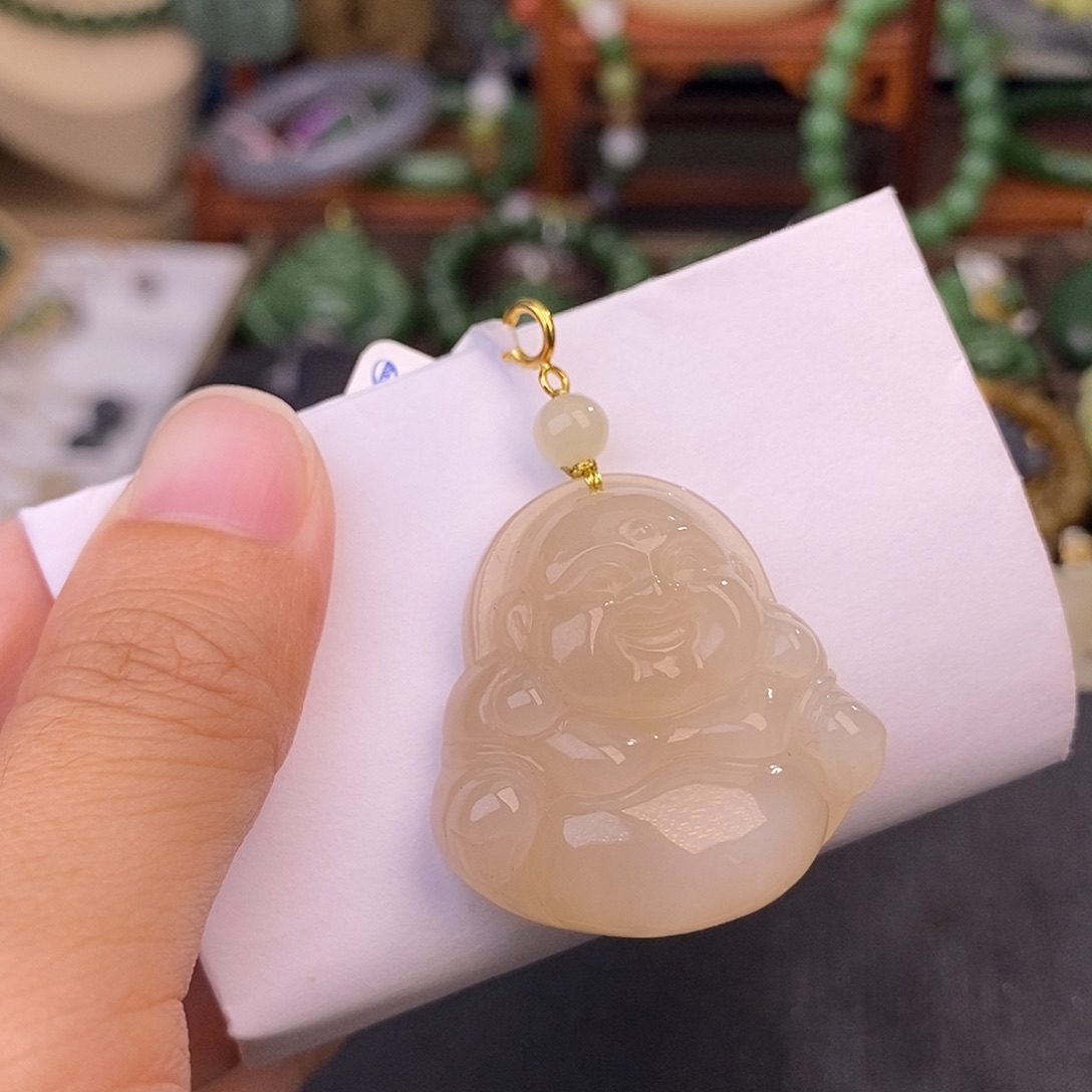 和田玉熟藕粉老料吊坠18.K金佛公清货价未镶嵌