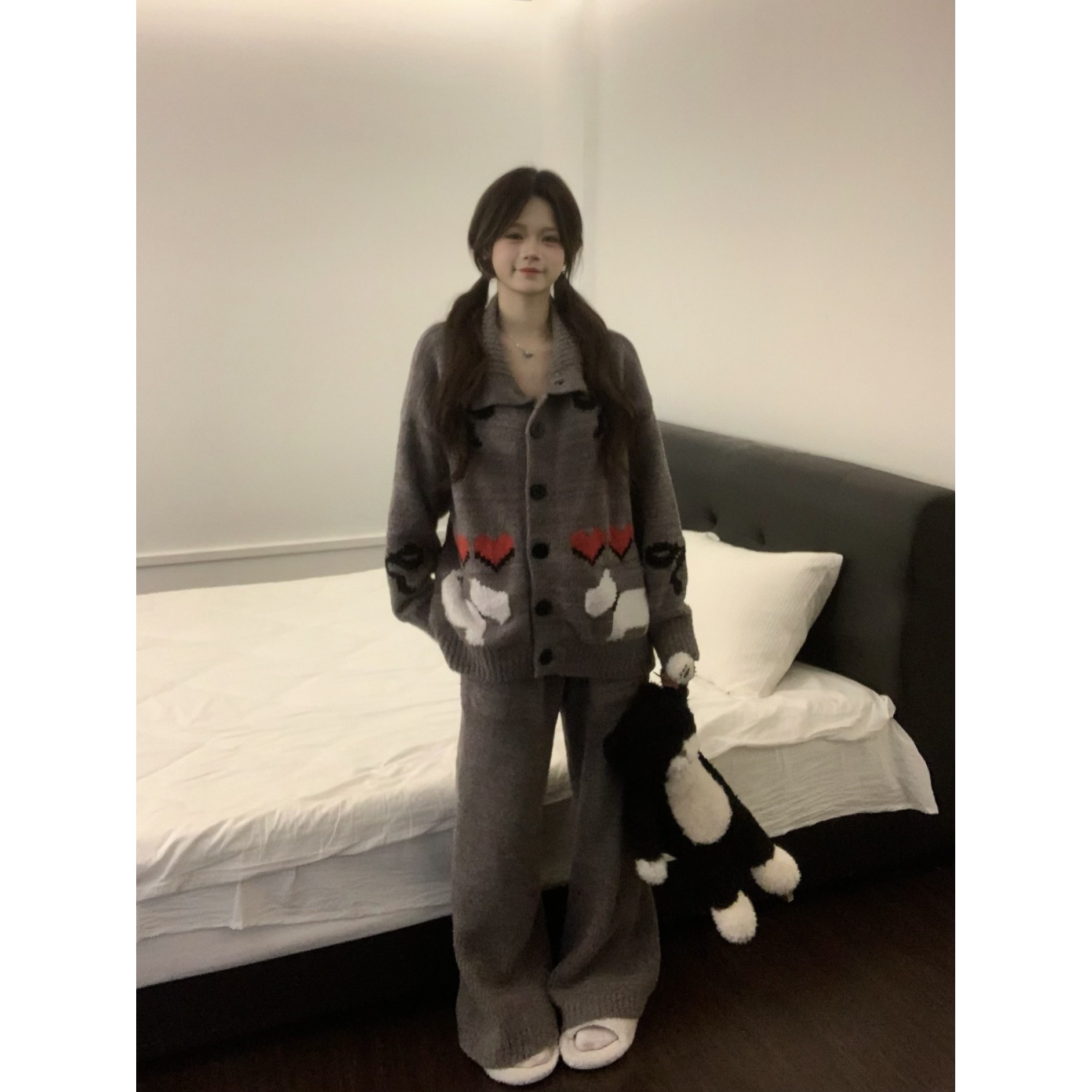 可爱少女甜美卡通长袖睡衣女秋冬季新款半边绒开衫长裤家居服套装