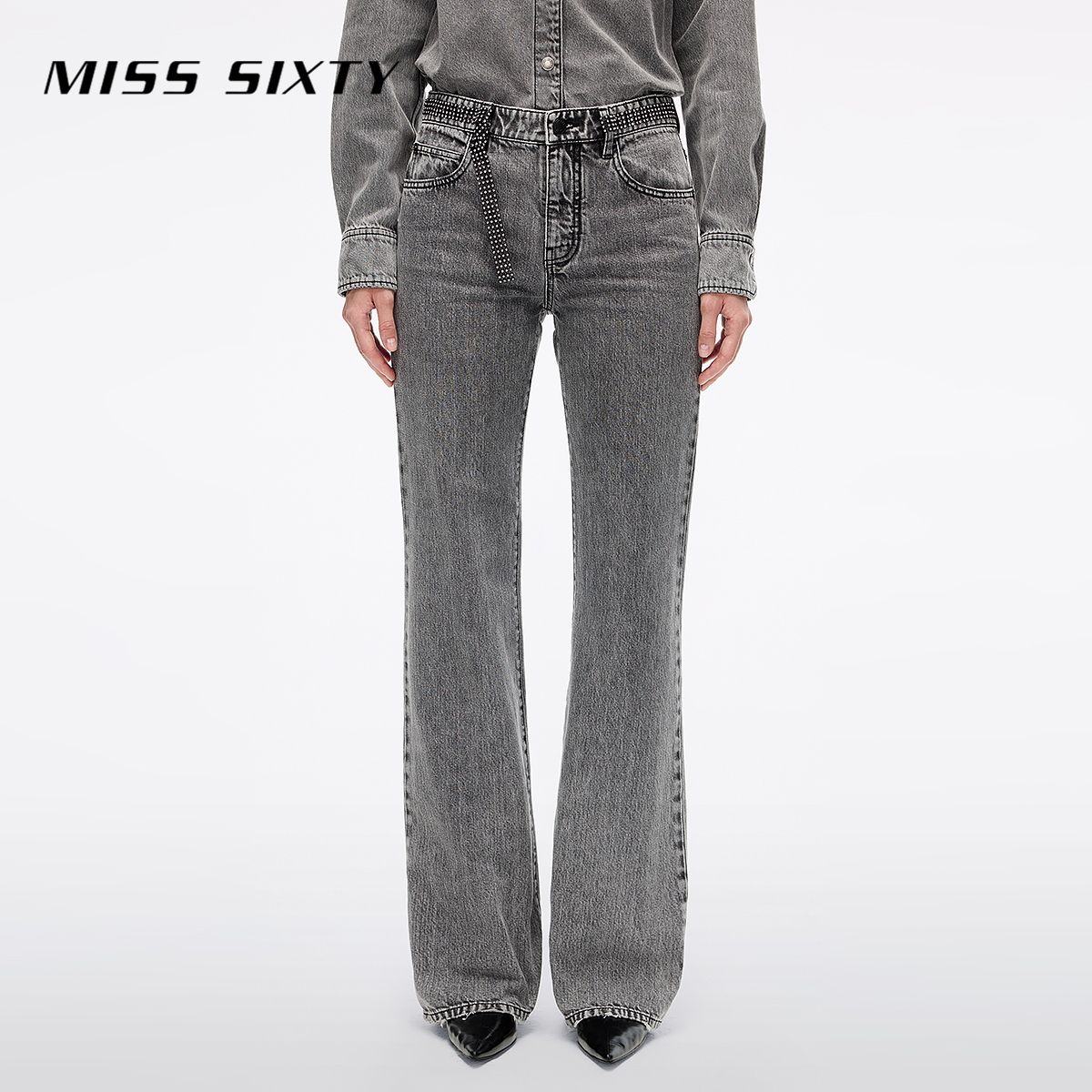 Miss Sixty2025秋季新款牛仔裤女复古钻饰拼接腰头显瘦微喇叭裤