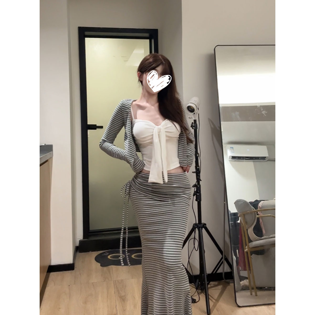 【3668】纯欲性感吊带背心长袖开衫女修身显瘦条纹包臀长裙三件套