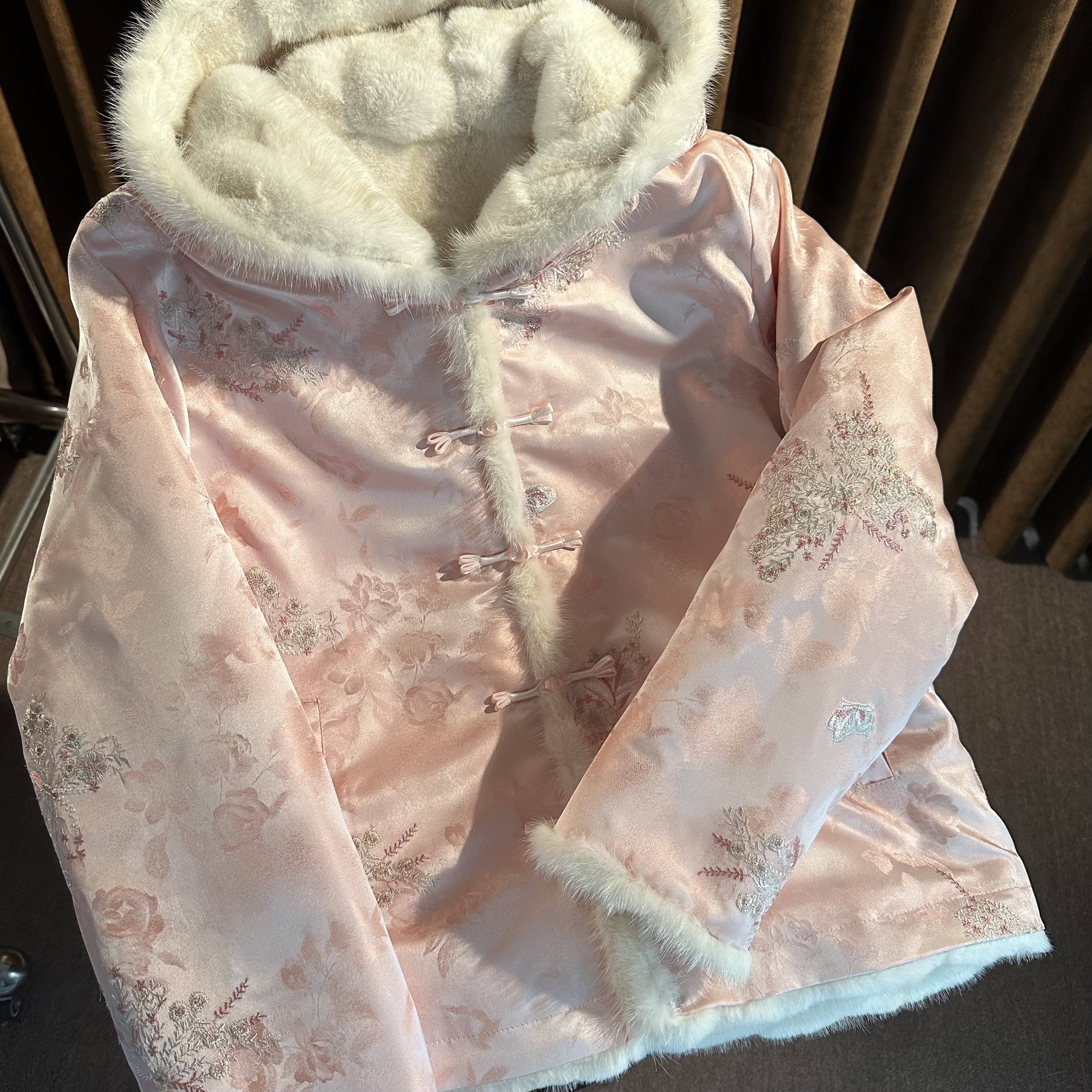 【花怜蝶】冬季新中式国风水貂毛高级连帽双面穿女装百搭外套