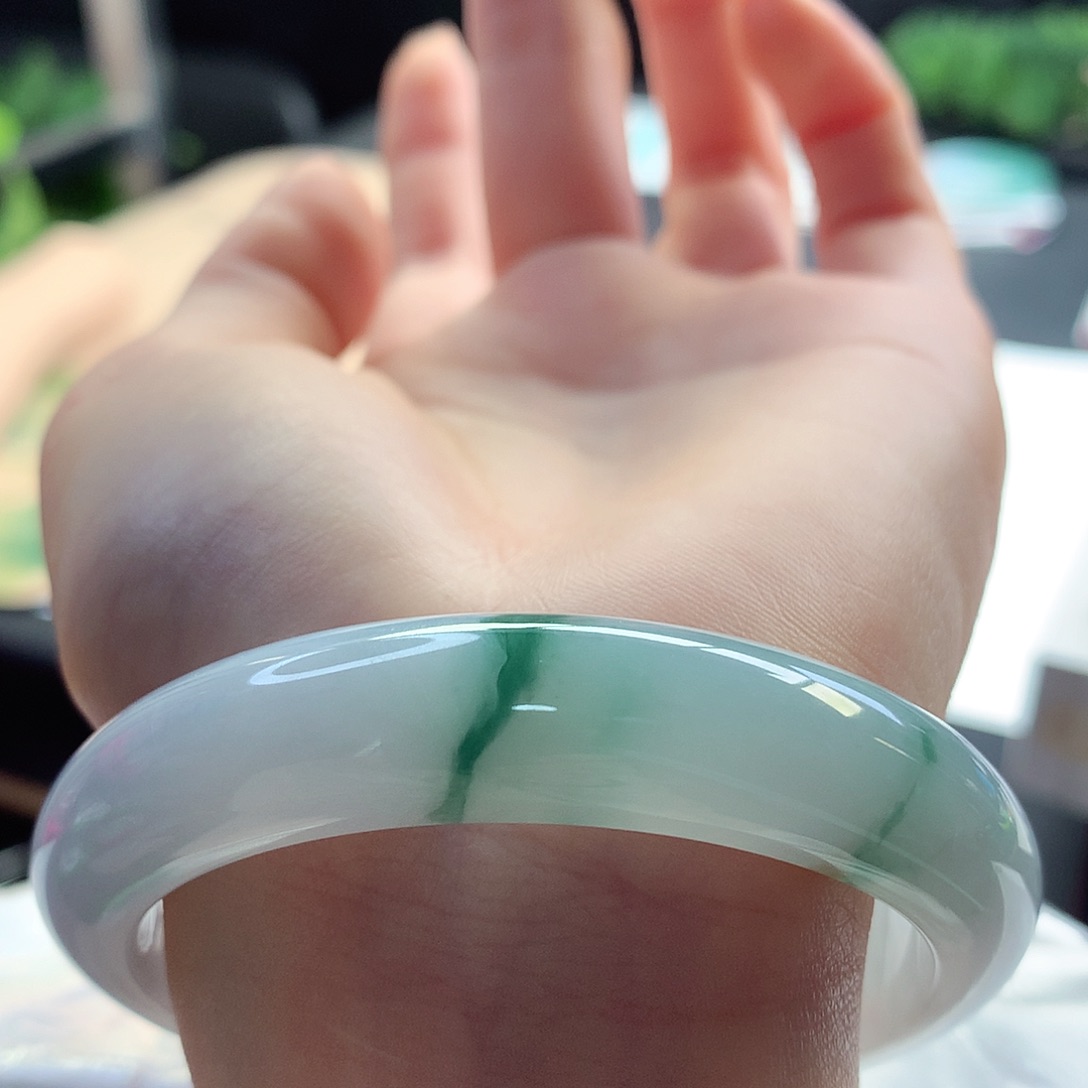 翡翠手镯未镶嵌天然翡翠56-57高级蓝底飘立体绿花