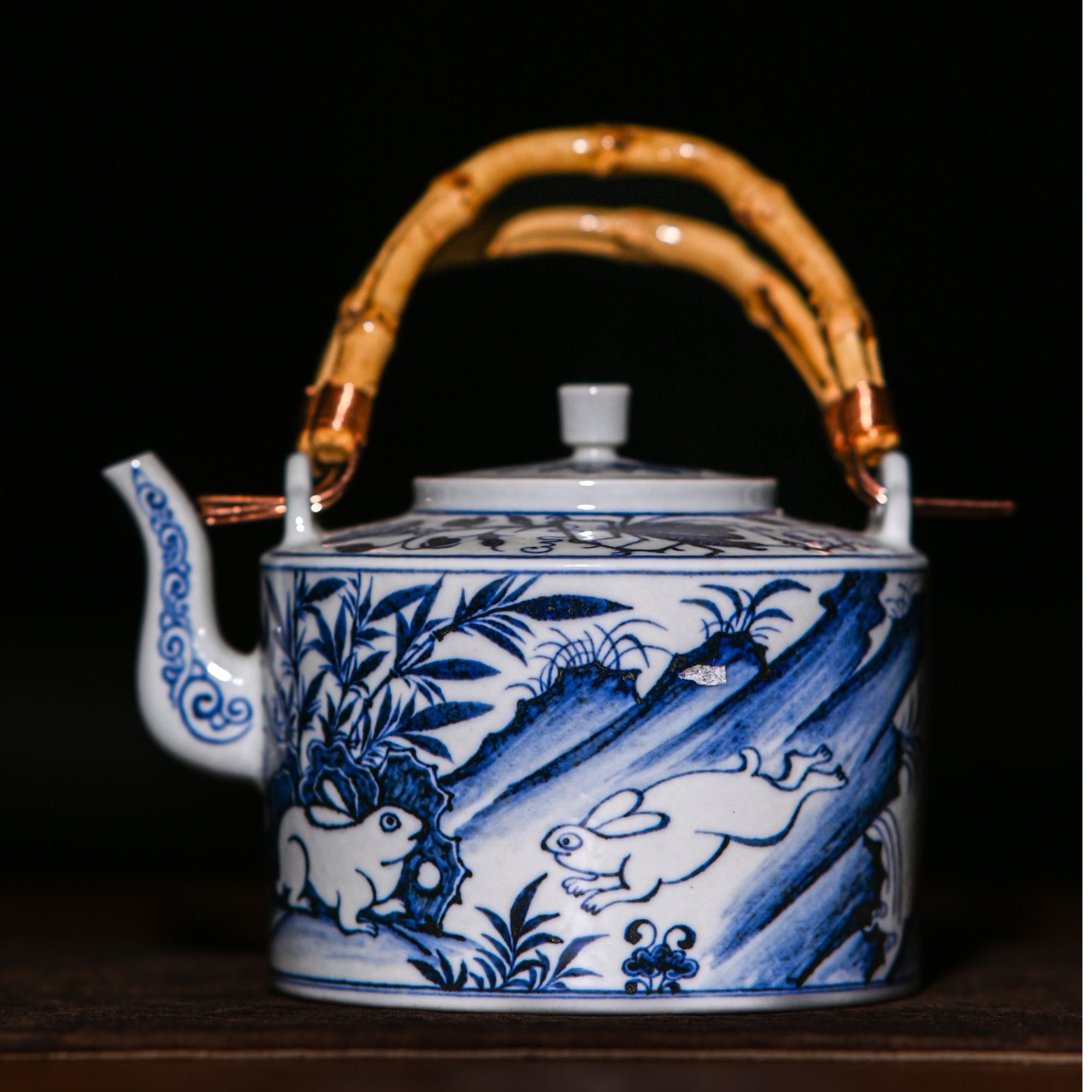 景德镇如意堂熊窑青花生肖兔大提梁壶泡茶壶