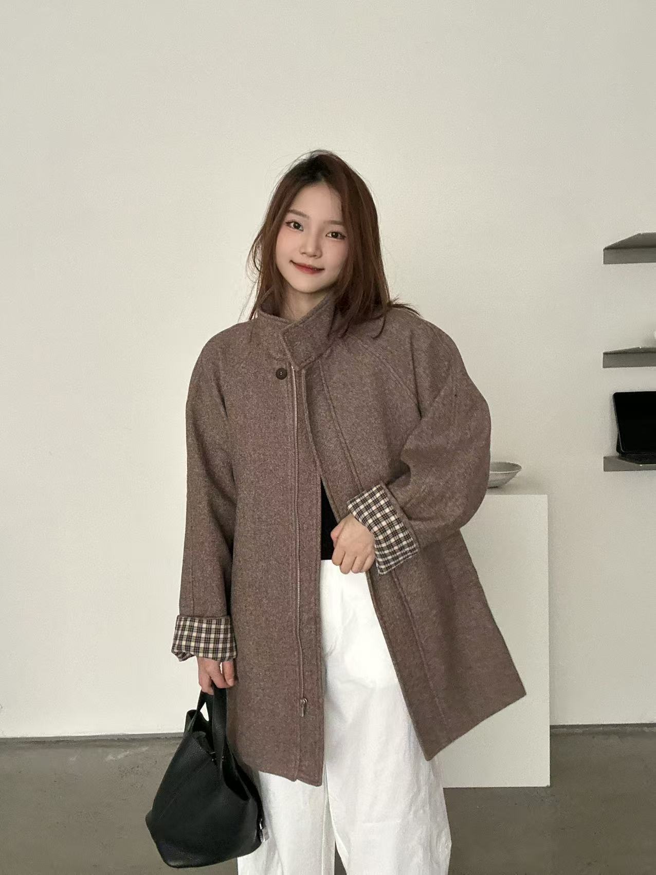 2025秋季新款复古立领撞色格子设计感休闲百搭外套