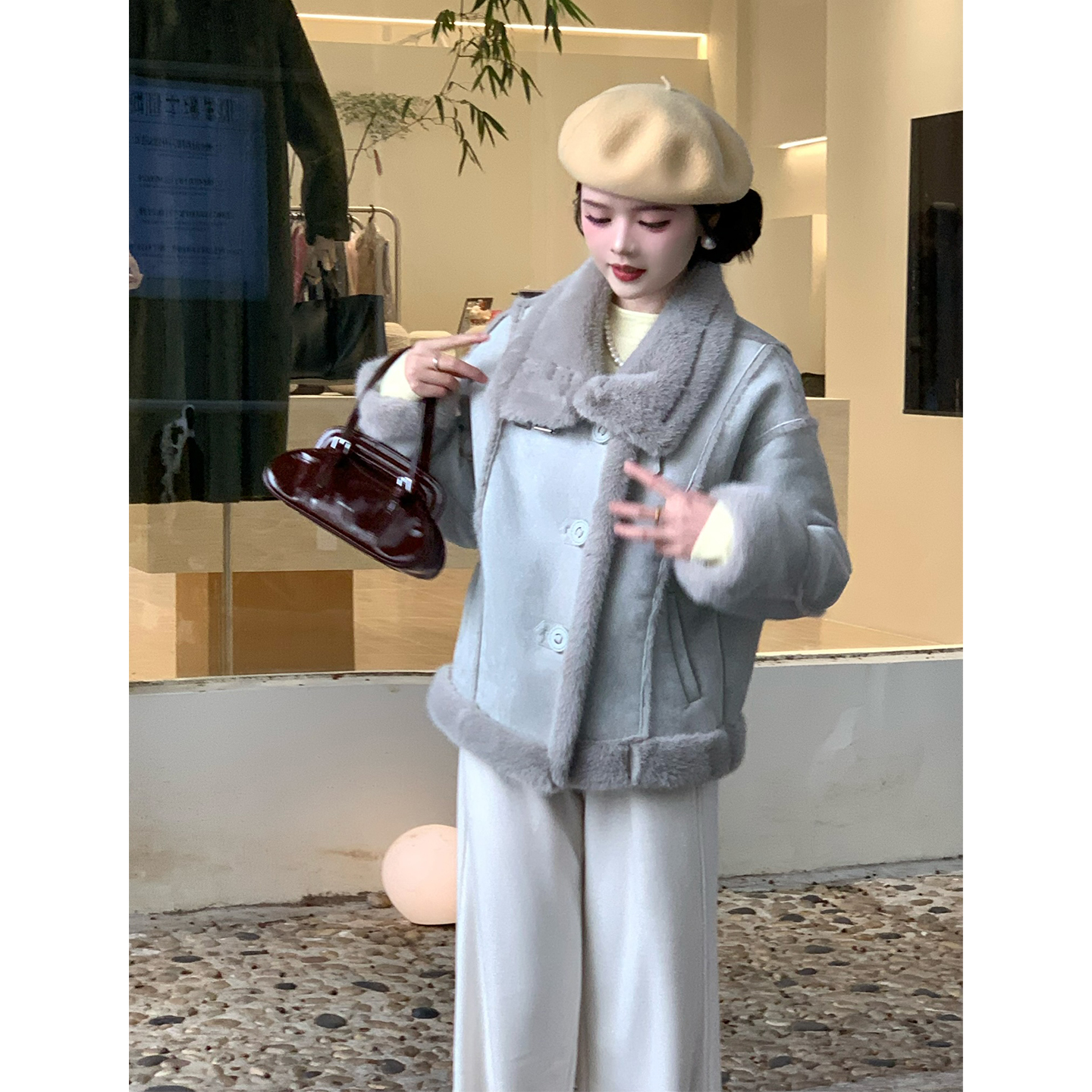 法式秋冬皮毛一体短外套外套女宽松设计感高級短款上衣99107