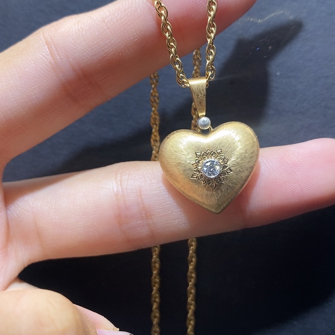 颈饰钻石18K金镶嵌爱心拉丝单钻项链k黄
