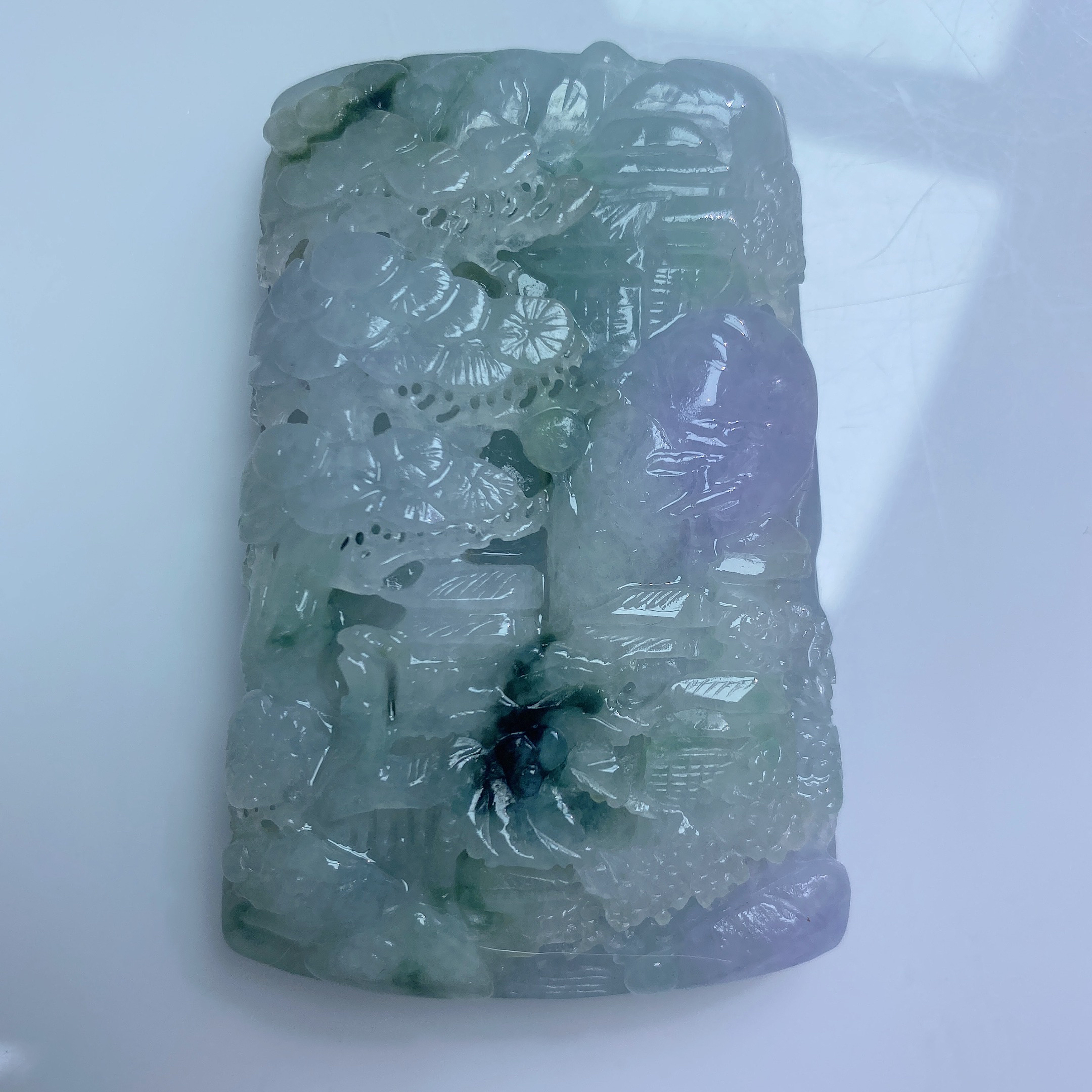 翡翠双彩紫加蓝冰飘花立体精工雕镂空厚装山水牌