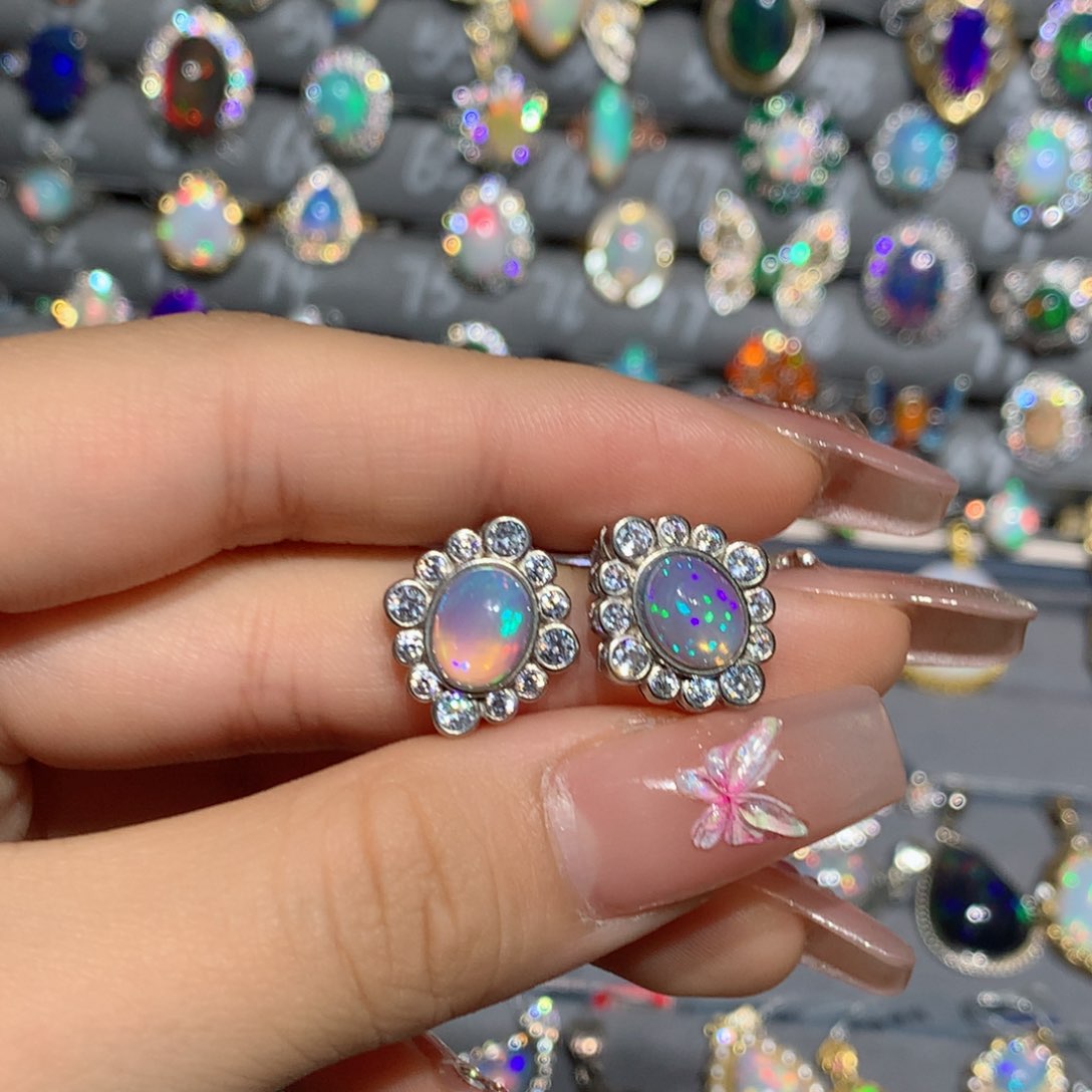 欧泊福利耳钉银S925镶嵌