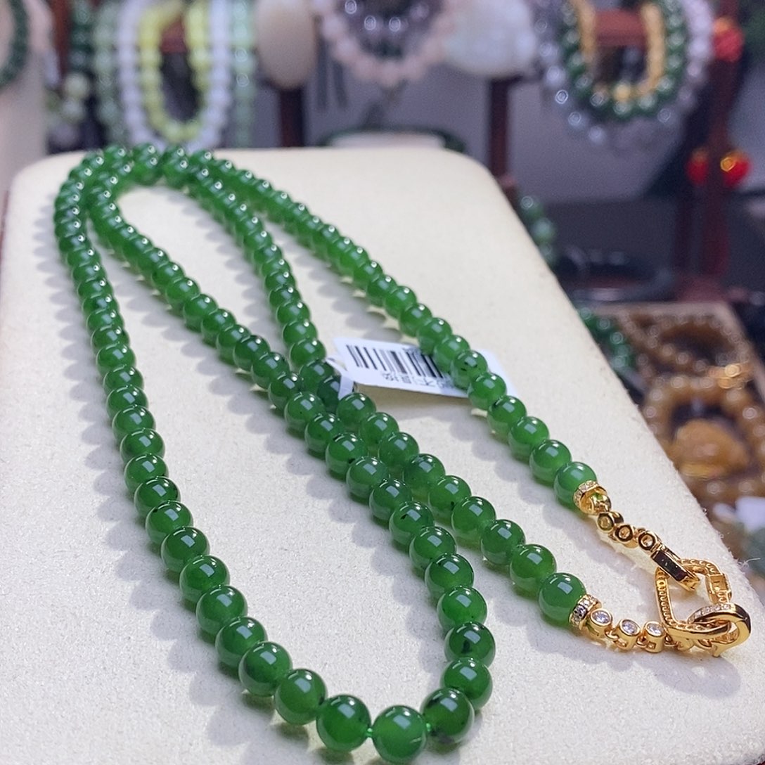 和田玉碧玉老矿料高冰菠菜绿圆珠珠链6m未镶嵌