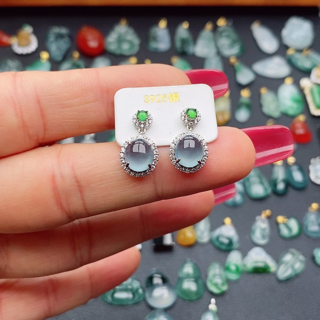 翡翠耳饰银S925镶嵌耳坠