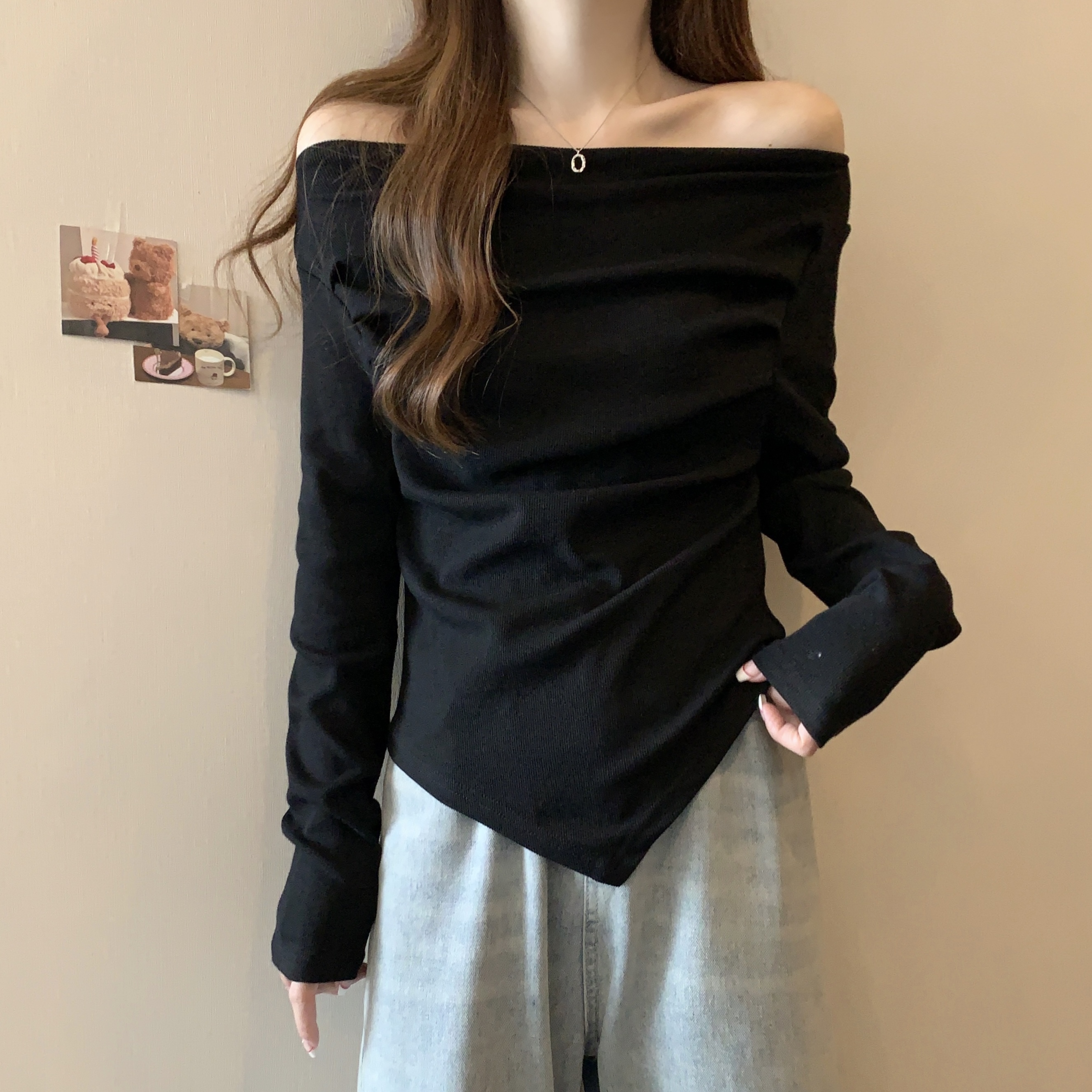 大码女装胖mm秋季新款2024不规则露肩长袖显瘦一字肩打底衫上衣潮