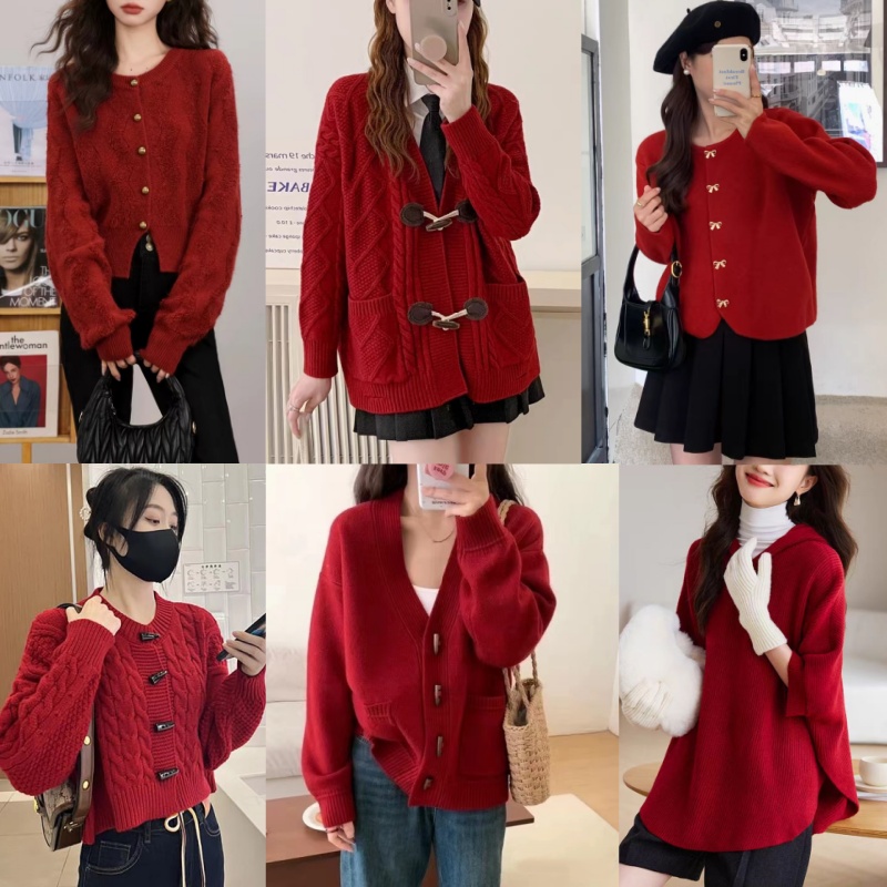 【001-400】毛衣女秋冬季红色宽松外搭时尚洋气外穿针织开衫女装.