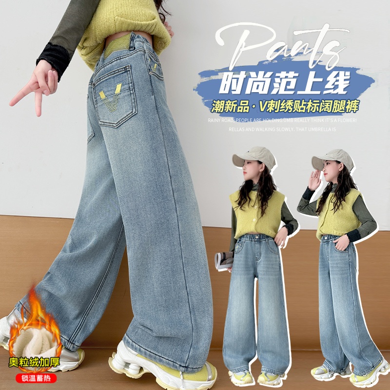 儿童冬装女加绒牛仔裤中大童洋气裤子潮儿童冬季加厚一体绒直筒裤