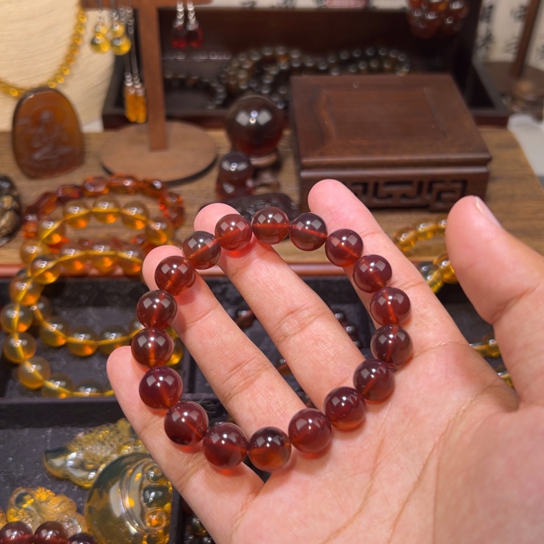 风***淡琥珀未镶嵌颈饰11mm棕红手串