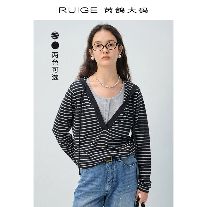 芮鸽微胖定制假两件毛针织衫连帽拼接内搭秋正肩微胖mm上衣90098