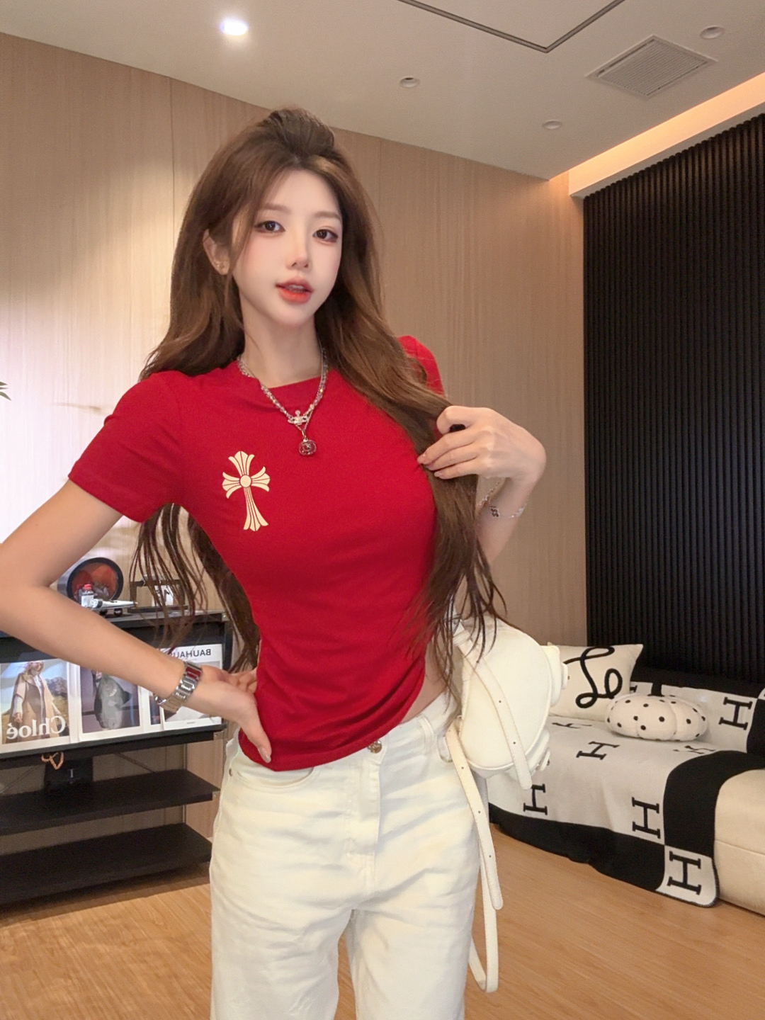 李馨儿【海棠树 】短袖宽松斜肩显瘦拼接夏季罩衫百搭衣服T恤休闲