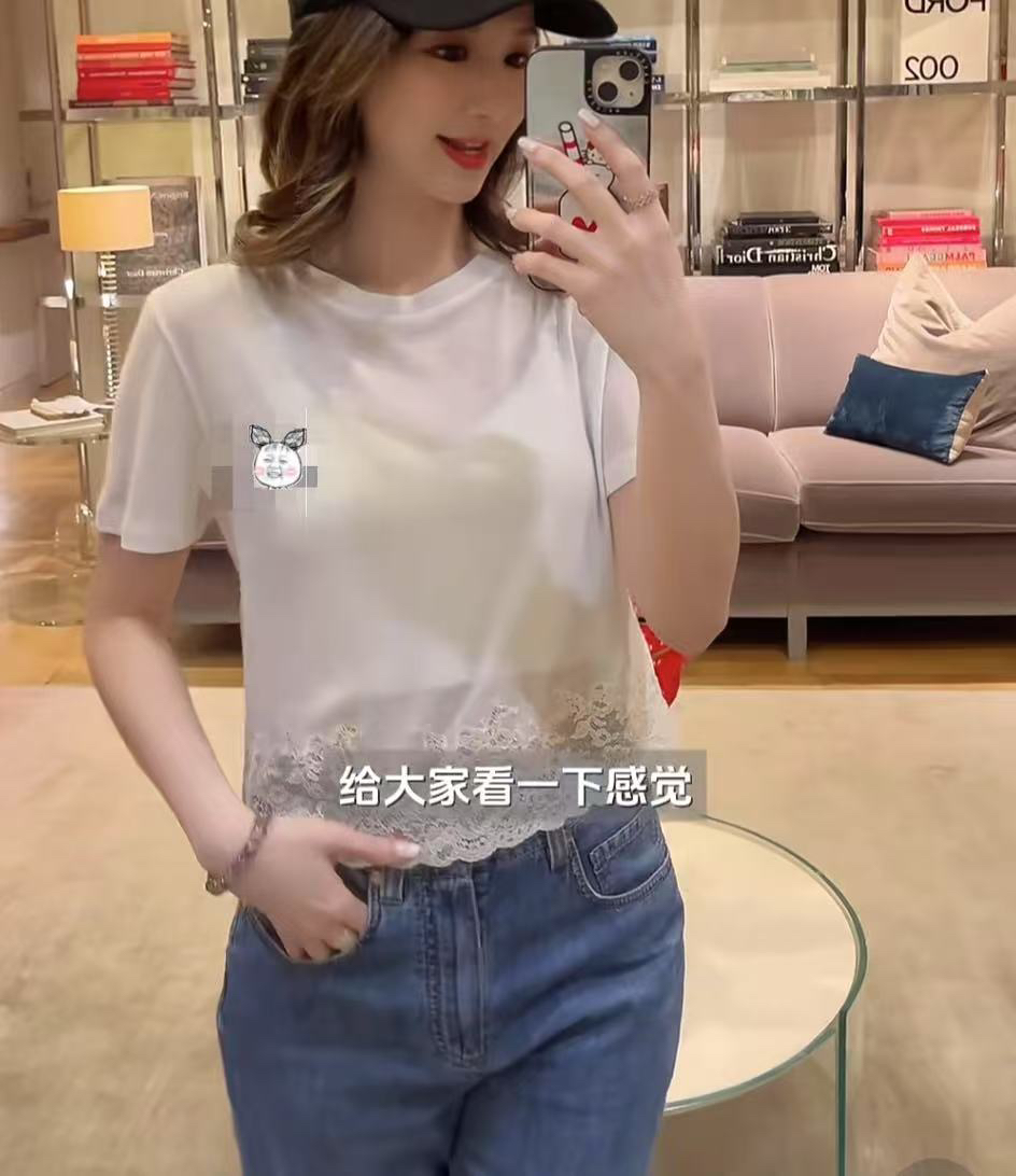 白色圆领女士正肩T恤短款韩版夏季蕾丝印花短袖拼接