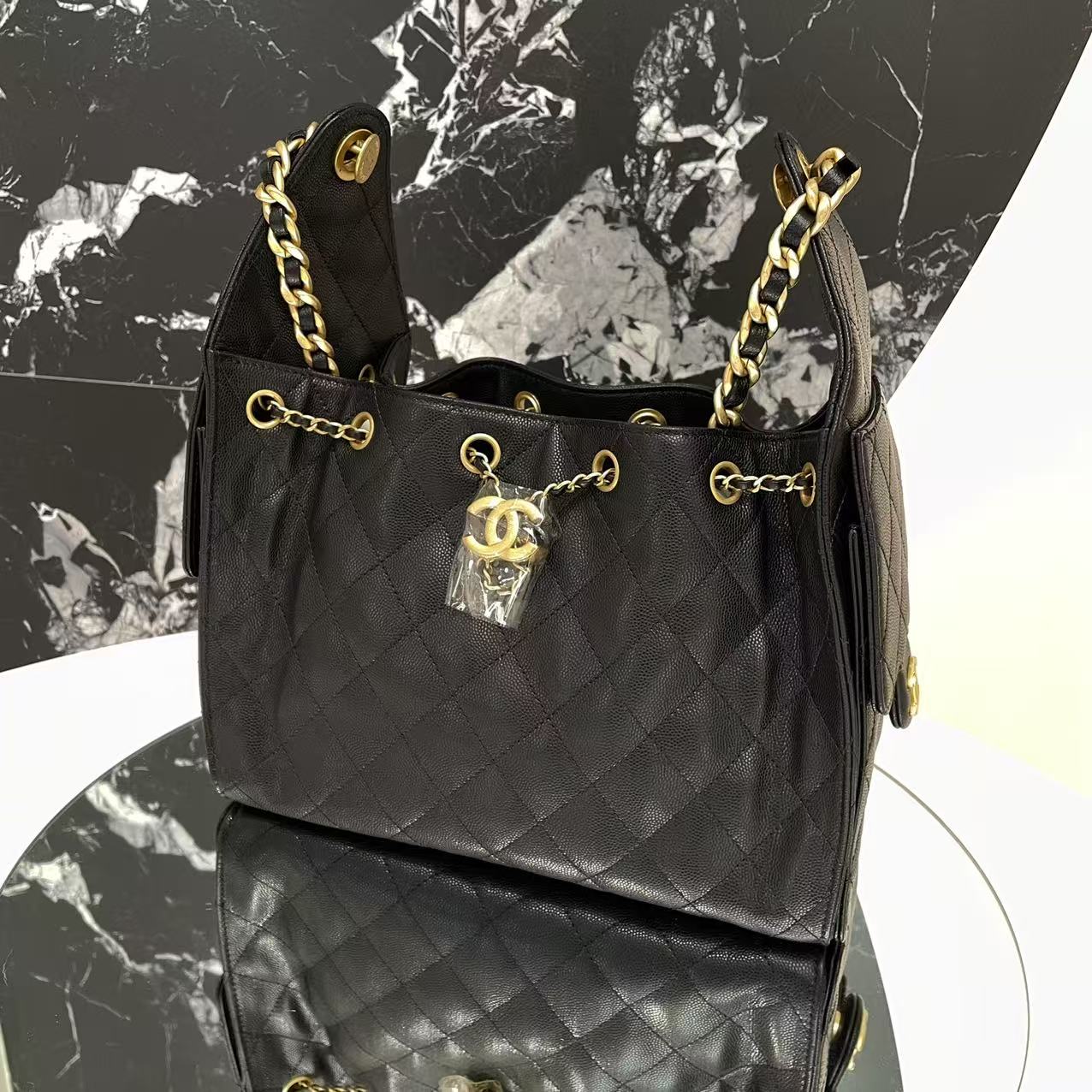 未使用 Chanel/香奈儿 黑金小号荔枝牛皮25bag 单肩包