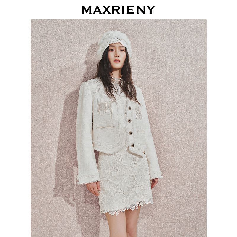 【芊芊专属】【商场同款】MAXRIENY珍珠流苏毛须羽绒外套秋冬新款