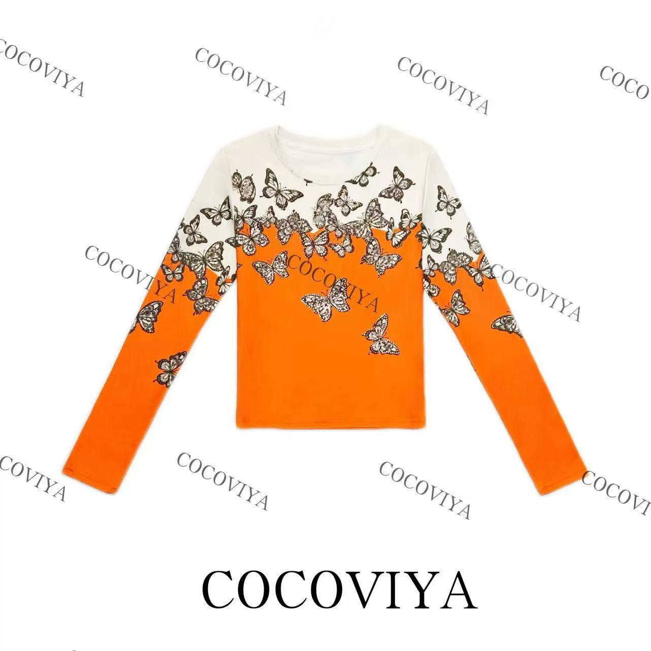 【XY】COCOVIYA加绒蝴蝶印花撞色长袖上衣白橙拼接满印设计26C-1010