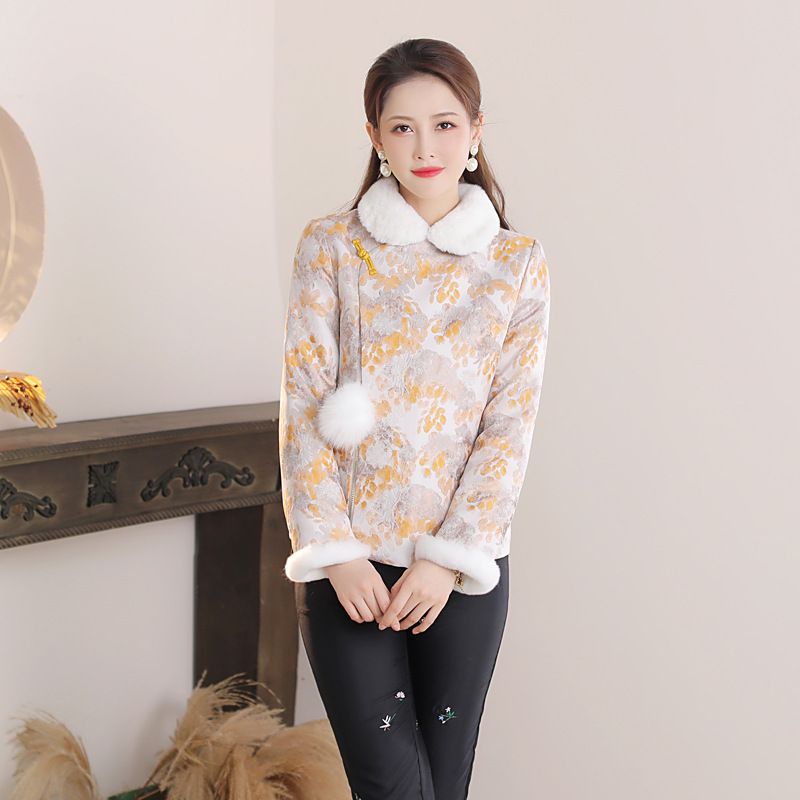 油画短外套新中式民族风短款修身上衣气质唐装改良保暖冬季棉衣