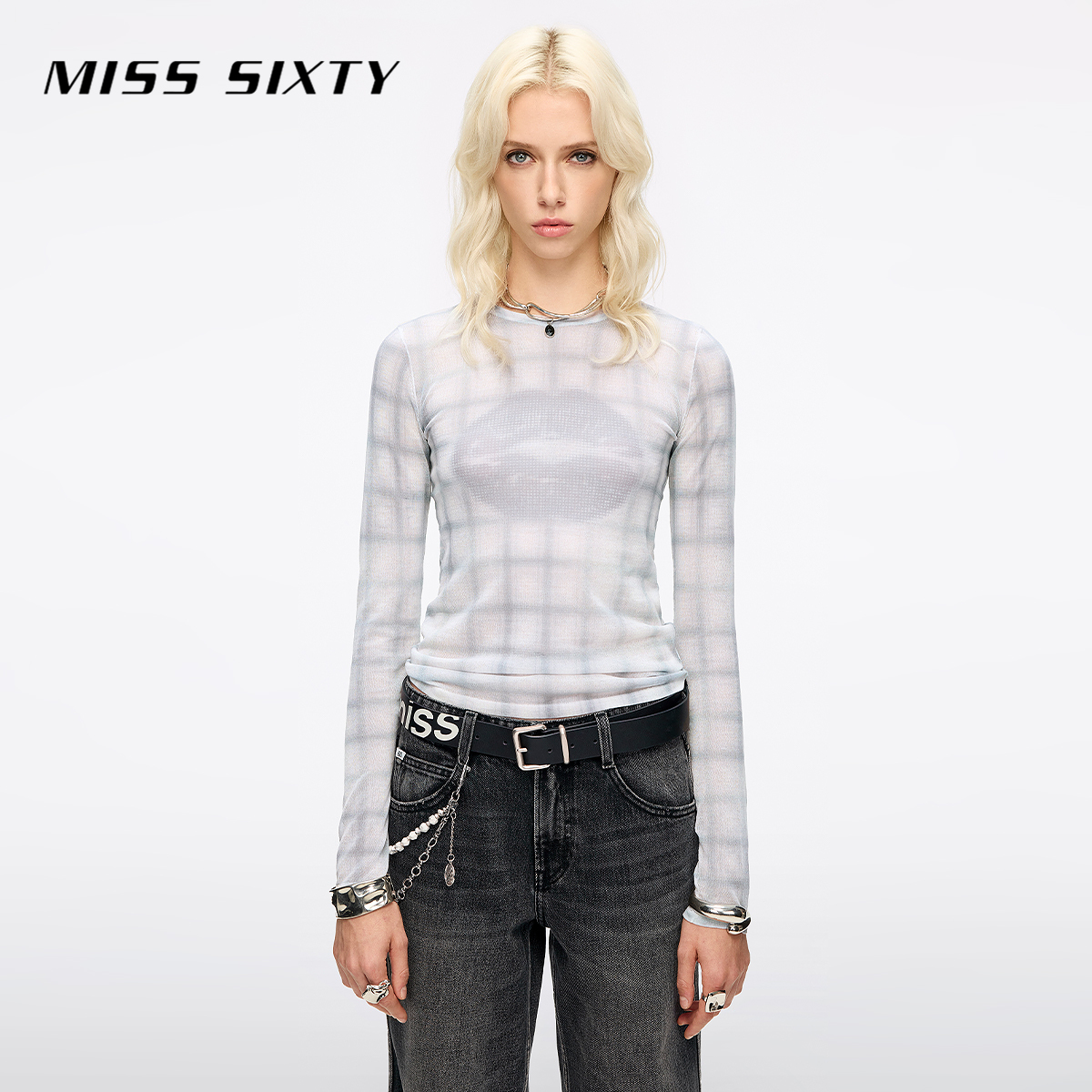 Miss Sixty2025秋季新款针织衫女圆领简约复古格纹长袖唇印上衣