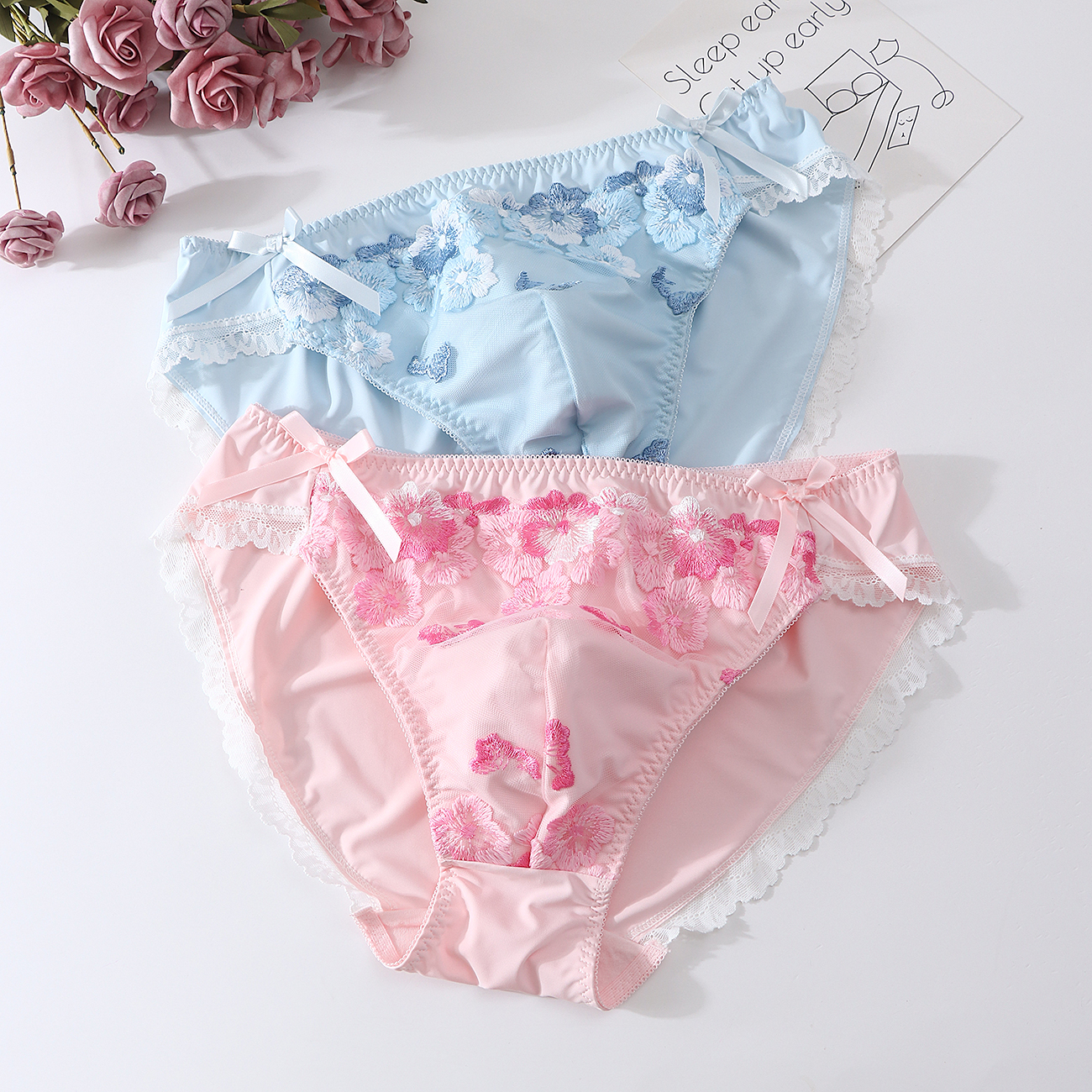 男士蕾丝刺绣性感三角裤（有囊袋）花边妩媚柔软内裤纯欲风男士内裤