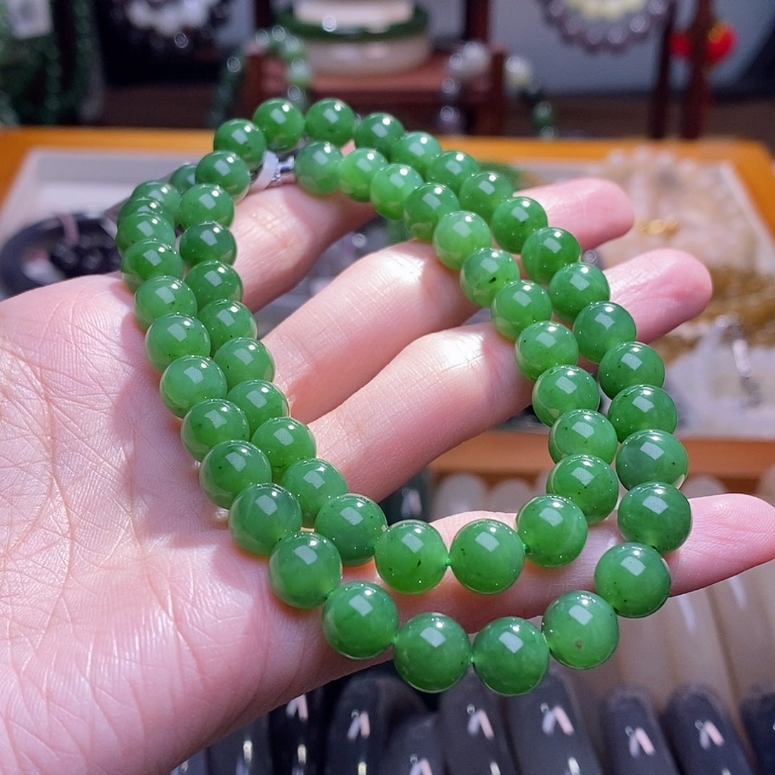 和田玉未镶嵌碧玉银镶妈妈链8MM