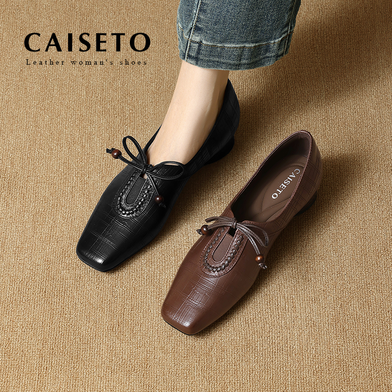 【棕色】羊皮3.5cm粗跟方头拉链磨砂皮妈妈鞋通勤小皮鞋单鞋5D730