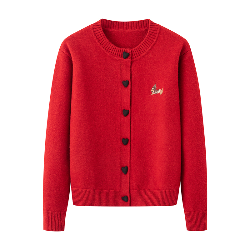 MM商场同款2025冬新款时尚百搭单排扣圆领红色针织开衫毛衣女0091