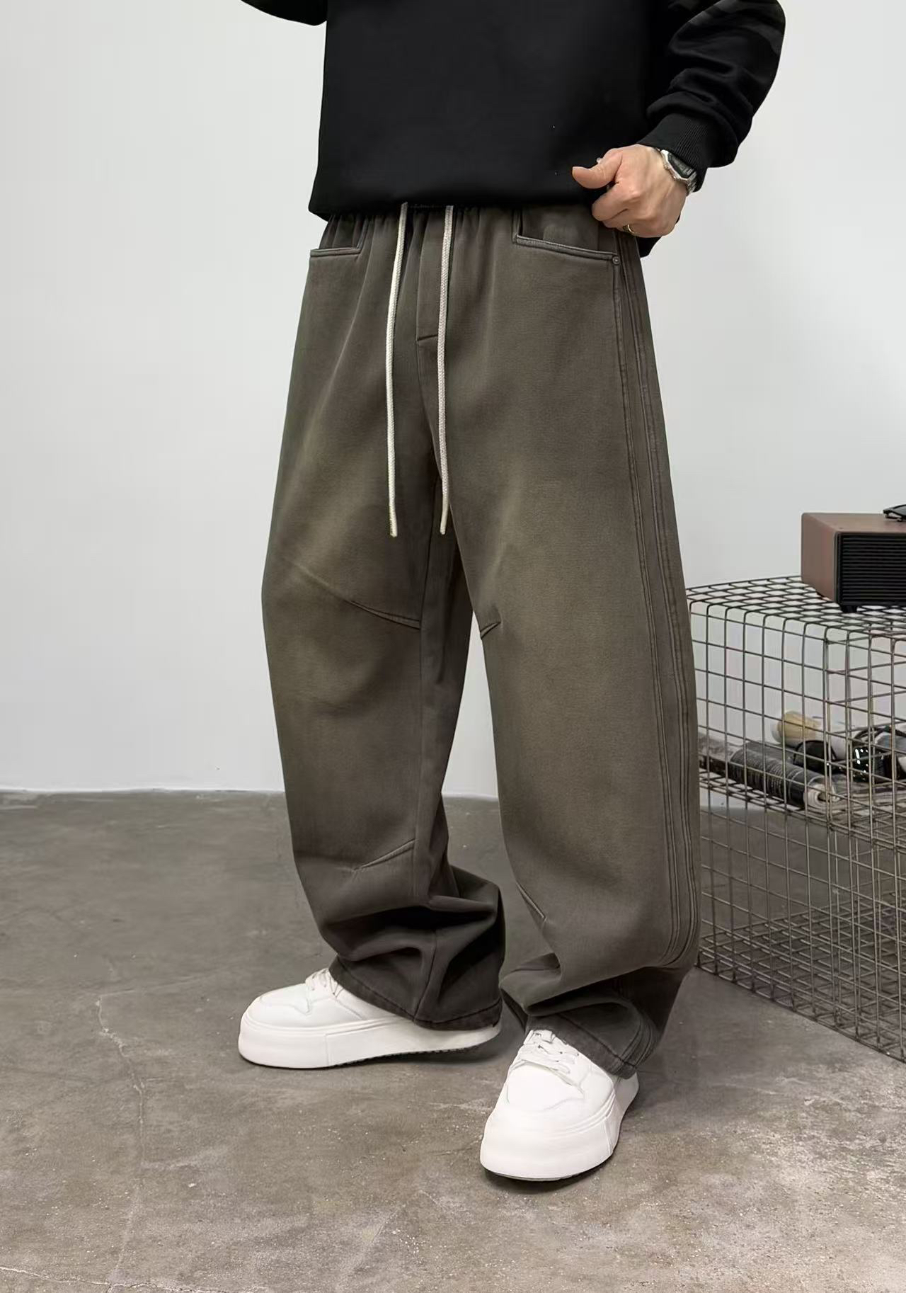 秋冬加绒加厚美式高街宽松直筒弯刀休闲裤男士百搭复古工装裤