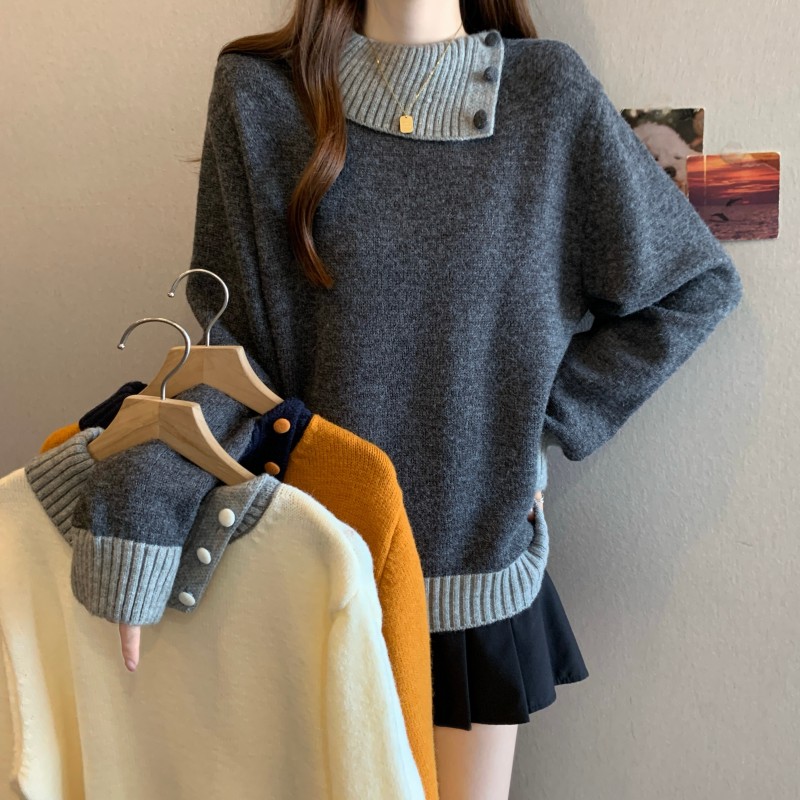 法式撞色翻领套头长袖正肩上衣针织毛衣百搭2025大码胖MM秋冬新款