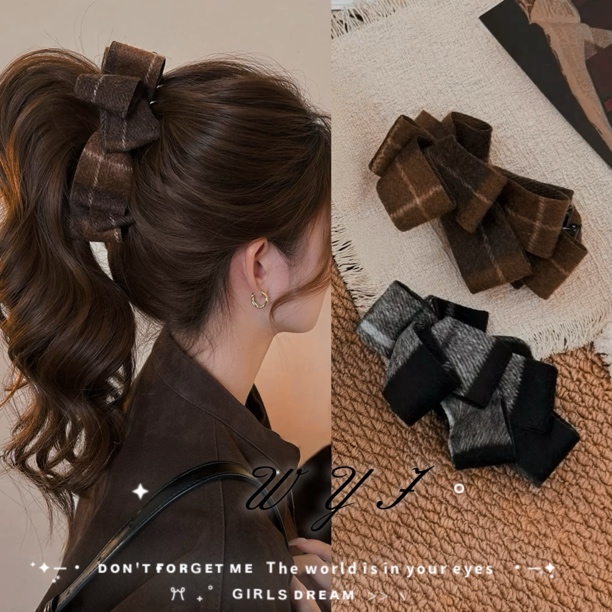 WYJ秋冬复古格纹毛呢香蕉夹气质森系半扎发抓夹网红ins发饰女