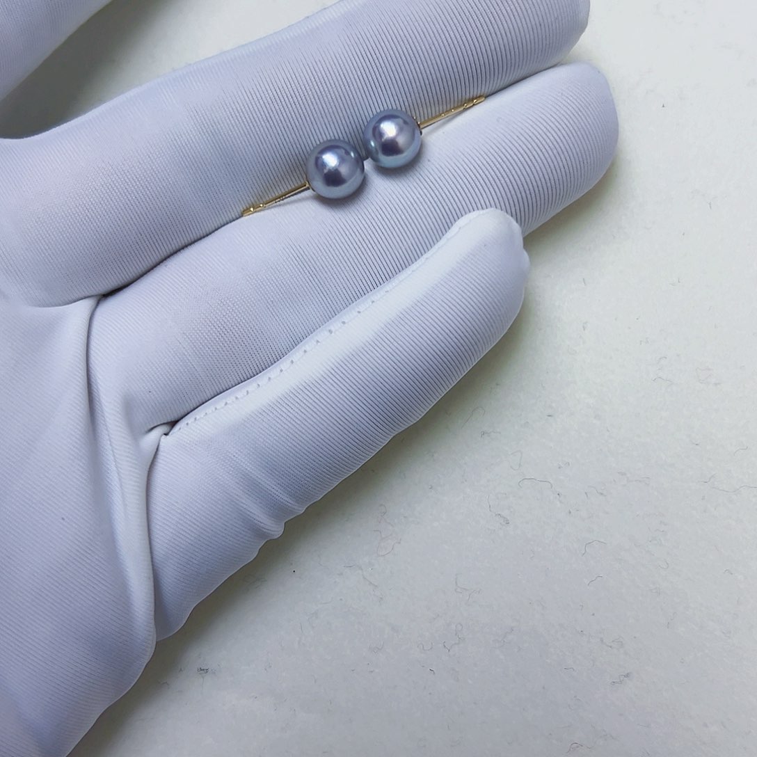 海水珍珠海水akoya真多麻色耳钉6-7mm18K金镶嵌