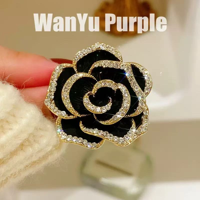 铜合金合成锆石胸针 【复古山茶花】高档胸针小香风轻奢时尚黑色