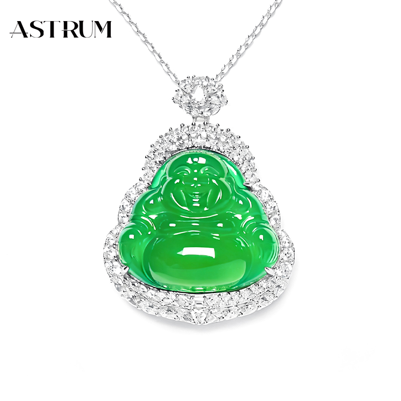 ASTRUM玉髓大佛公经典大肚佛玛瑙帝王绿项链媲美翡翠豪华镶嵌吊坠