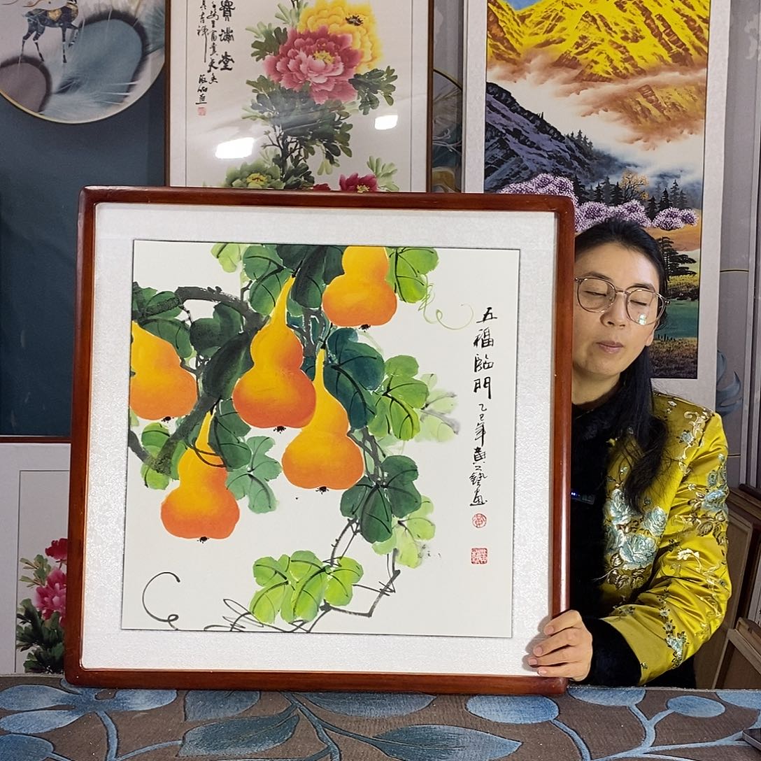 国画手写手绘国画作品带框包邮62✖️62