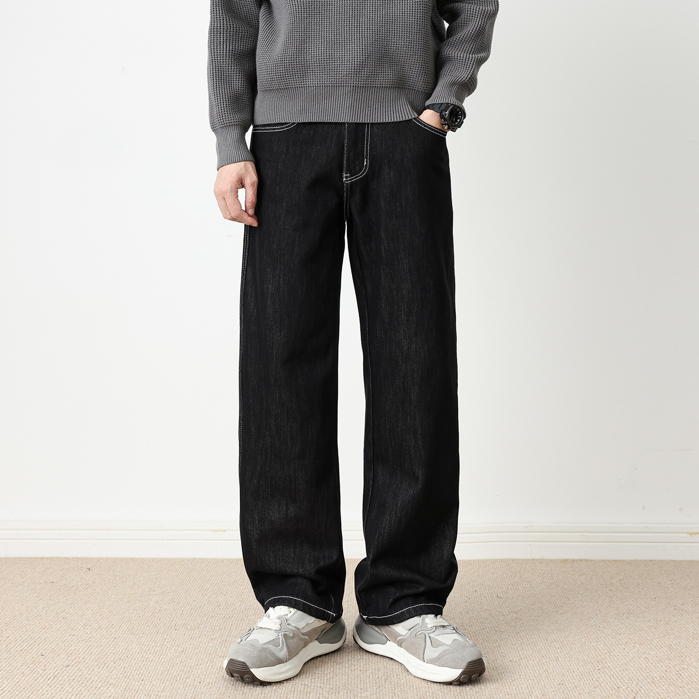 黑色牛仔裤男款直筒宽松阔腿新款秋季青少年水洗长裤子