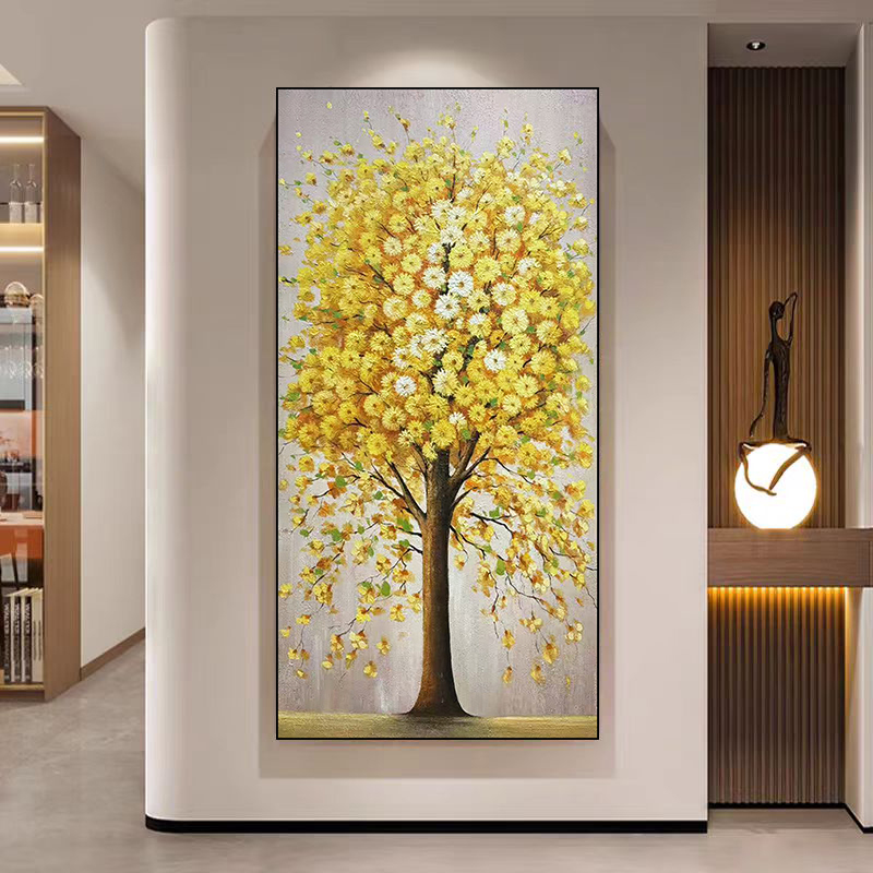 手绘油画《发财树》入户玄关走廊过道轻奢风厚肌理现代装饰画