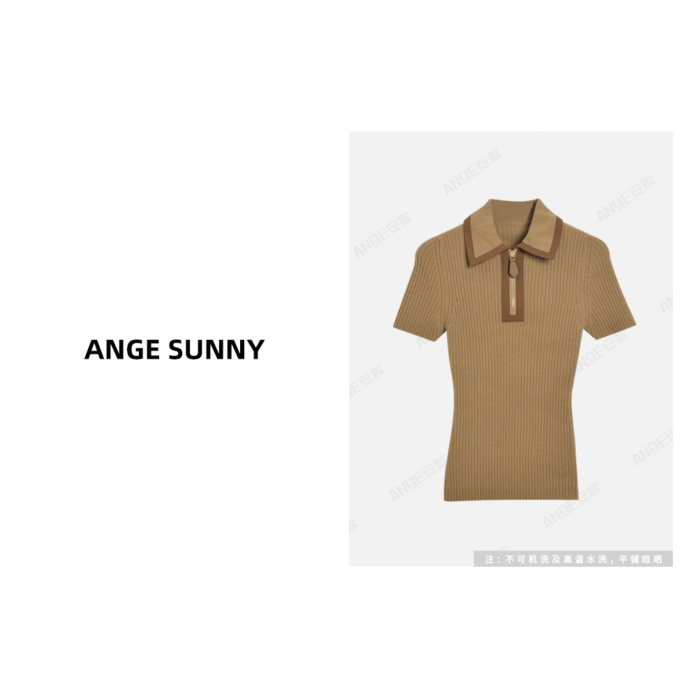 ANGE SUNNY【羊皮标羊绒针织衫】罗纹针织短袖POLO领上衣